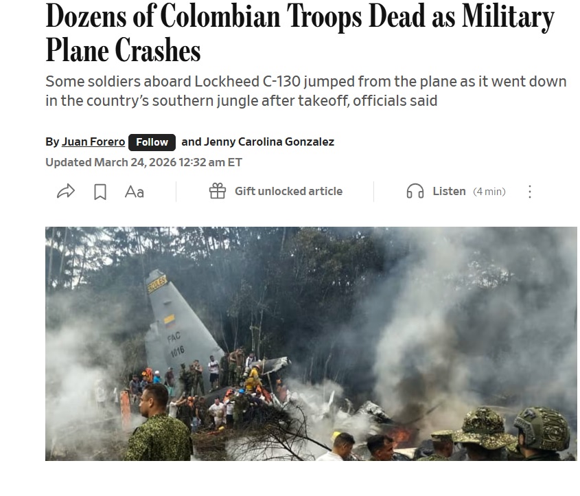 Dozens of Colombian Troops Dead as Military Plane Crashes