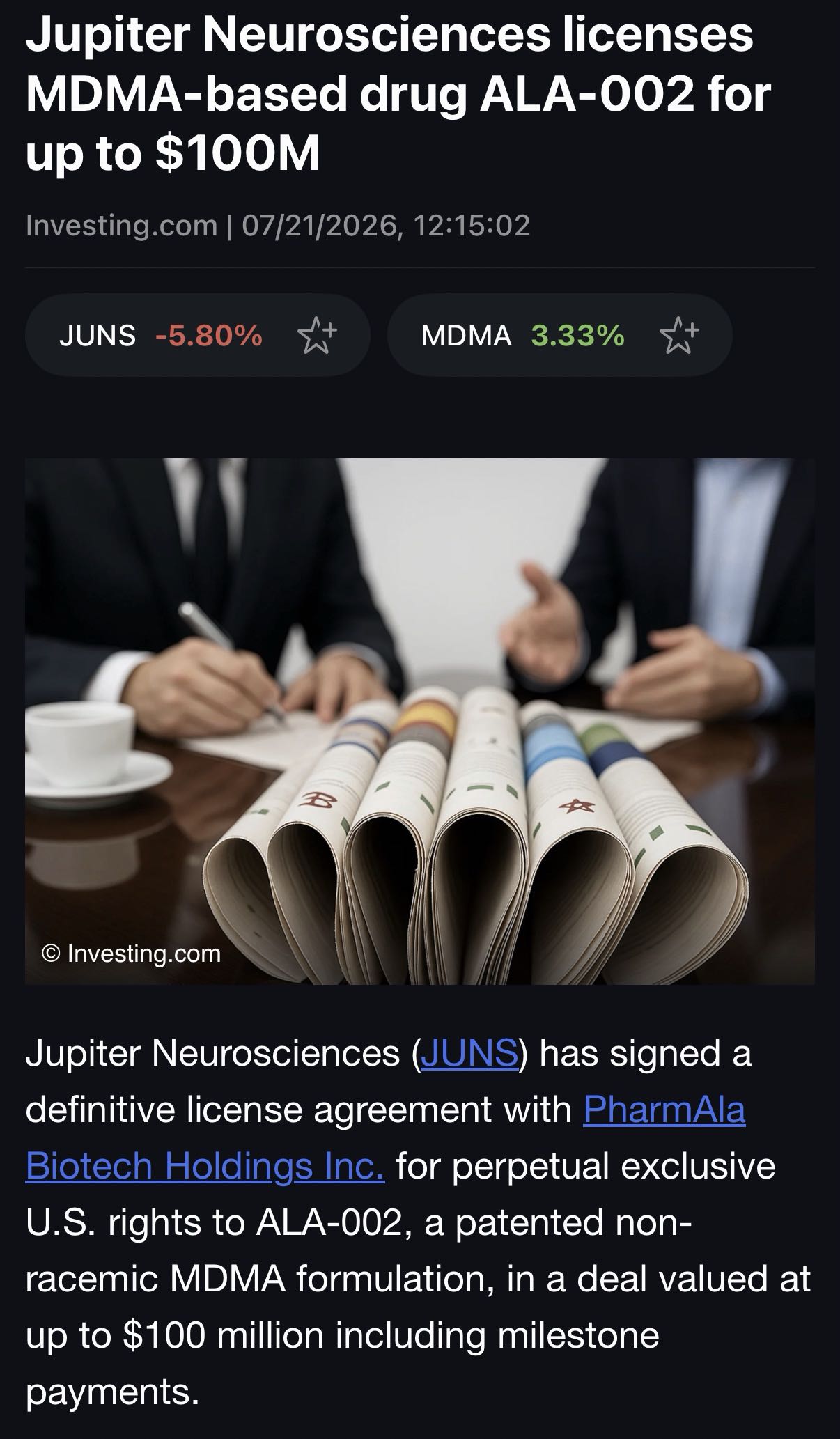 Jupiter Neurosciences licenses MDMA-based drug ALA-002 for up to $100M