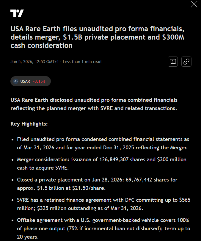 USAR Merger with SVRE details from recent SEC Filing
