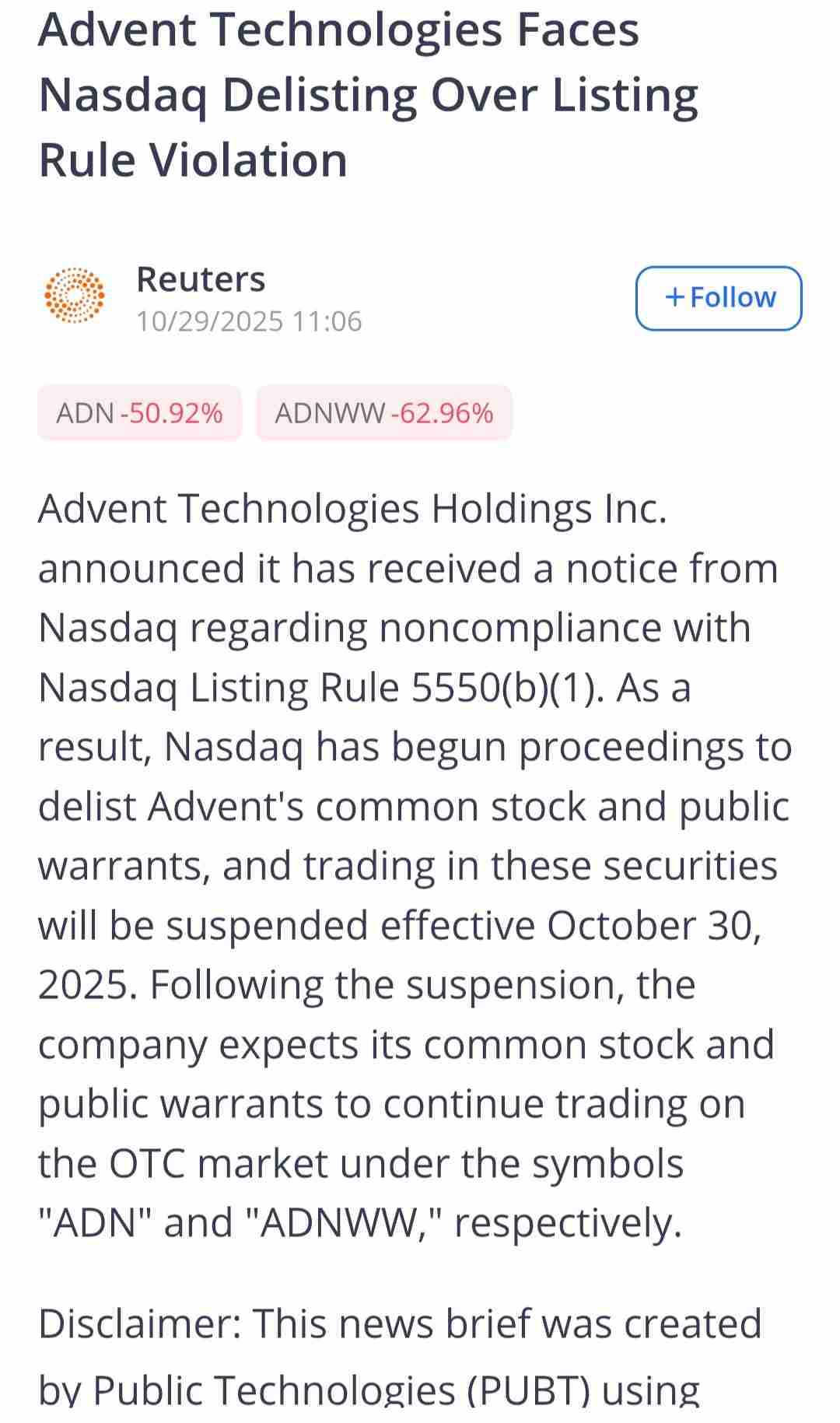 ADN Delisting News