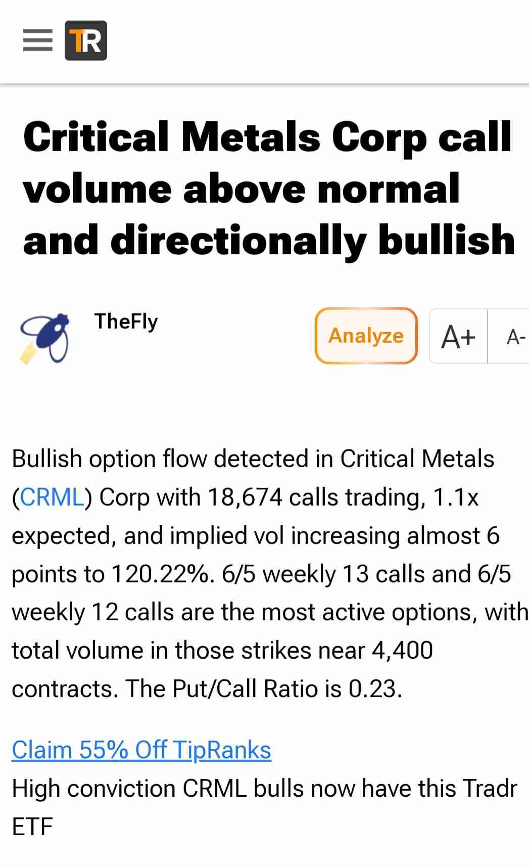 Tipranks commentary on upward projection for CRML