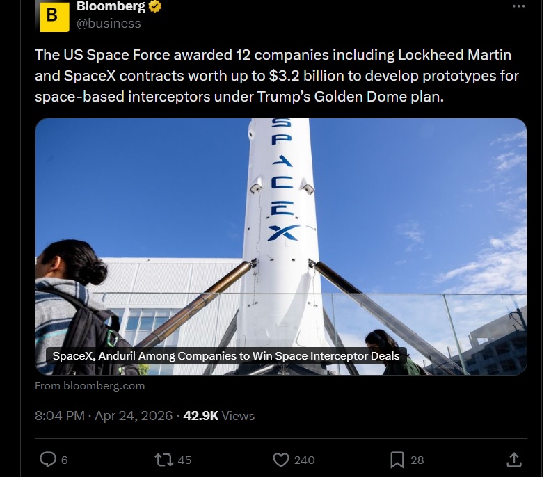 US Space Force taps 12 firms for $3.2 billion Golden Dome missile defense