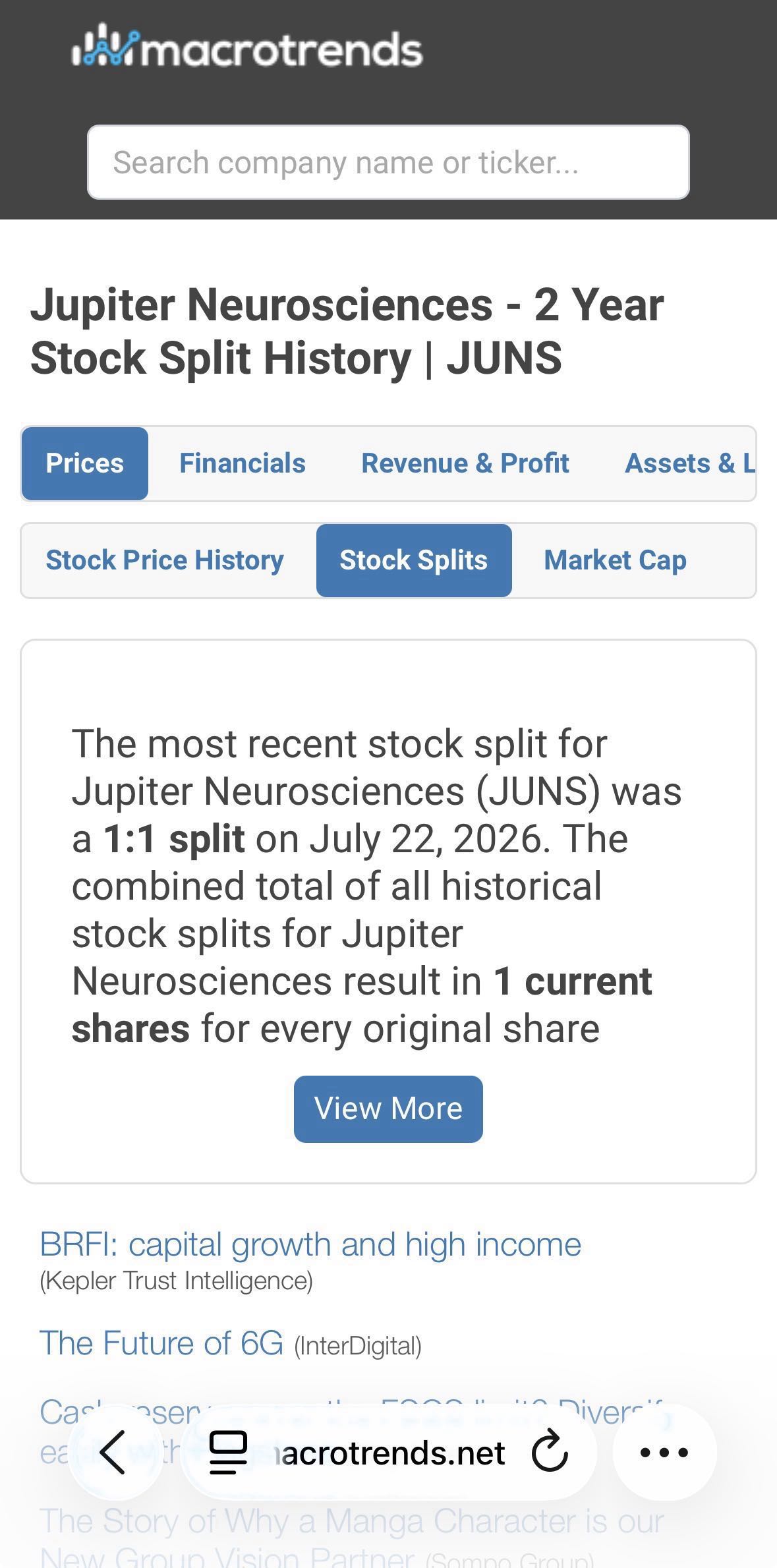 $JUNS was a 1:1 split on July 22, 2026.